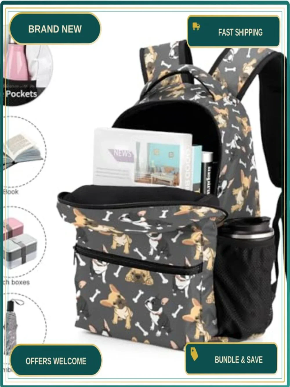 French Bulldog Backpack Set with Lunch Bag & Pencil Case 17in 900D Nylon